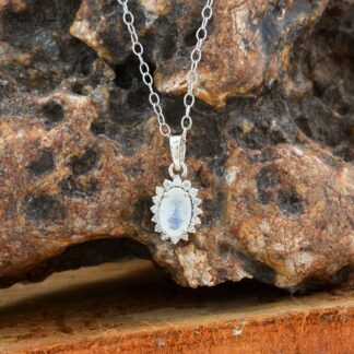 Halo Gemstone Charm In 14k White Gold Moonstone And Diamond Dangle Pendant