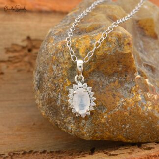 Halo Gemstone Charm In 14k White Gold Moonstone And Diamond Dangle Pendant