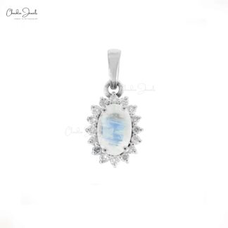 Halo Gemstone Charm In 14k White Gold Moonstone And Diamond Dangle Pendant