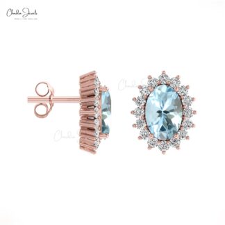 Diamond Oval Halo Aquamarine Stud Earrings in 14k Gold