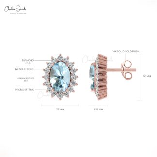 Diamond Oval Halo Aquamarine Stud Earrings in 14k Gold