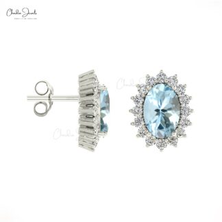 Diamond Oval Halo Aquamarine Stud Earrings in 14k Gold