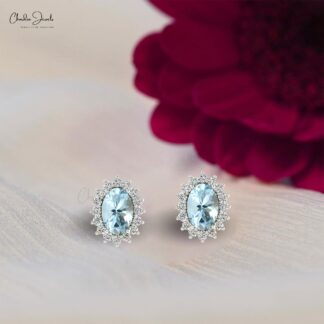 Diamond Oval Halo Aquamarine Stud Earrings in 14k Gold