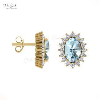 Diamond Oval Halo Aquamarine Stud Earrings in 14k Gold