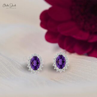 Genuine Purple Amethyst 6x4mm Oval Cut Halo Earrings, 14 Solid Gold April Birthstone Diamond Wedding Earrings, 0.88 Ct Gemstone Hallmarked Jewelry For Her