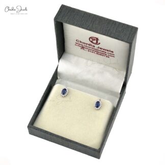 Oval Cut 14k White Gold Stud With 1.16 Ct Blue Sapphire And Diamond Earrings For Her