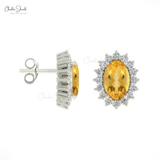 Real 14k Gold Genuine Citrine Earrings 0.84Ct Oval Gemstone Halo Diamond Earrings Handmade Personalized Gift For Women