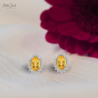 Real 14k Gold Genuine Citrine Earrings 0.84Ct Oval Gemstone Halo Diamond Earrings Handmade Personalized Gift For Women
