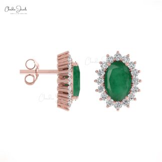 Natural Emerald & Diamond Halo Earrings In 14k Solid Gold
