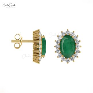 Natural Emerald & Diamond Halo Earrings In 14k Solid Gold