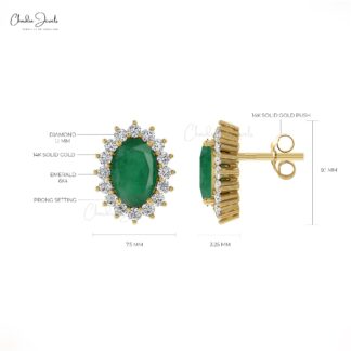 Natural Emerald & Diamond Halo Earrings In 14k Solid Gold
