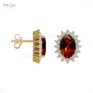 Natural Garnet Halo Earrings 14k Solid Gold Diamond Handmade Earrings 6x4mm Oval Gemstone Fine Jewelry For Surprise Gift