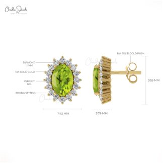Green Peridot 6x4mm Oval Cut Gemstone Earrings For Summer Jewelry 14k Real Gold Diamond Prong Set Handmade Earrings