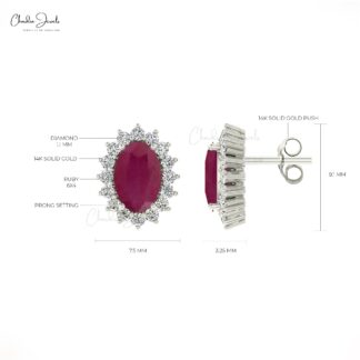 Natural 0.82CT Oval Ruby and G-H Diamond Accents in Real 14k Gold Halo Earrings