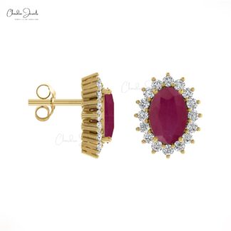 Natural 0.82CT Oval Ruby and G-H Diamond Accents in Real 14k Gold Halo Earrings