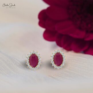 Natural 0.82CT Oval Ruby and G-H Diamond Accents in Real 14k Gold Halo Earrings
