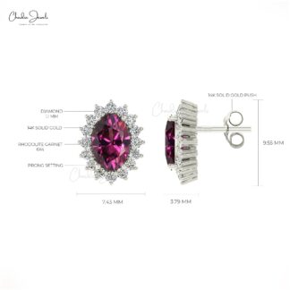 Gemstone Halo Studs in 6x4mm Rhodolite Garnet Diamond 14k Real Gold Minimal Earrings