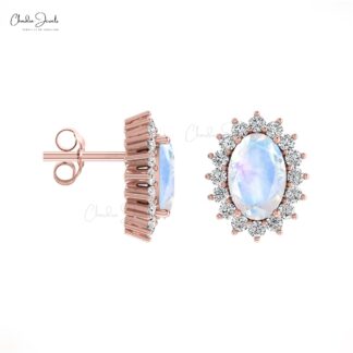 6x4mm Rainbow Moonstone Stud Earrings With Prong Set Diamond Halo