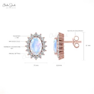 6x4mm Rainbow Moonstone Stud Earrings With Prong Set Diamond Halo