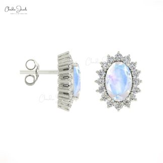 6x4mm Rainbow Moonstone Stud Earrings With Prong Set Diamond Halo