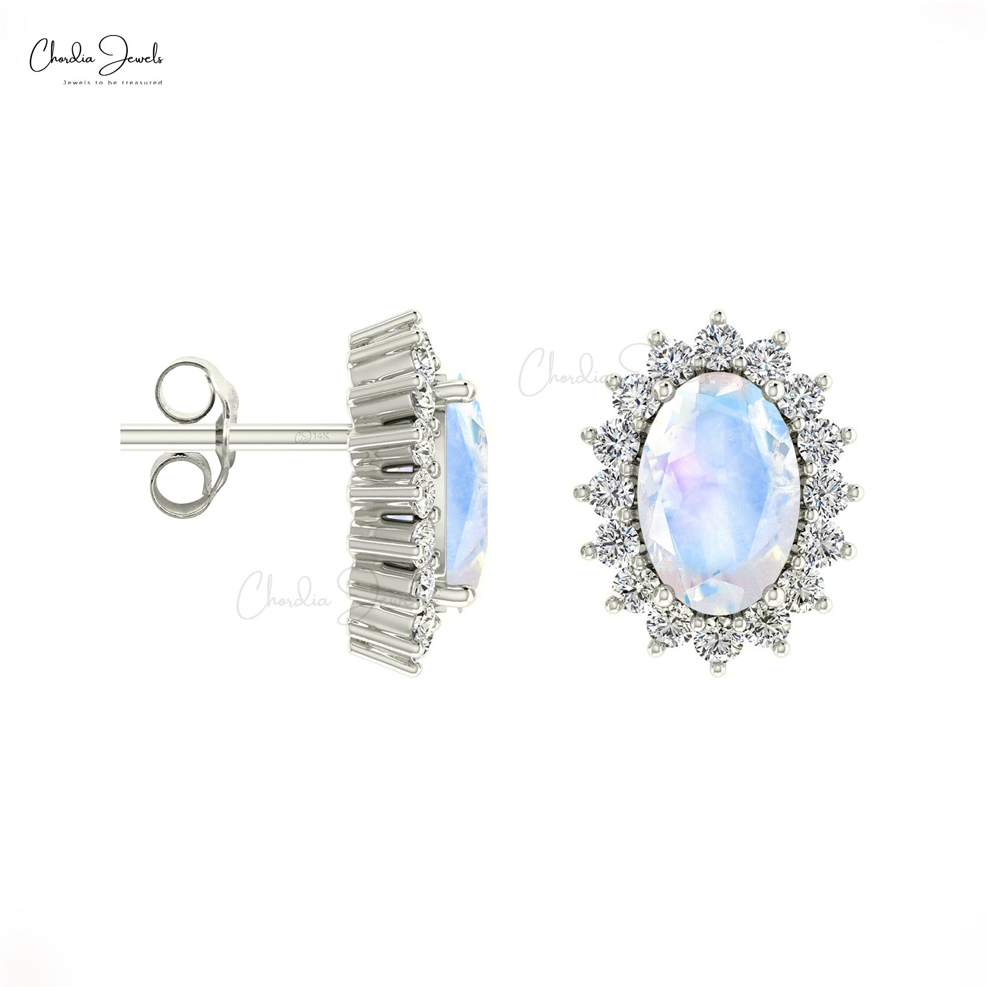 6x4mm Rainbow Moonstone Stud Earrings With Prong Set Diamond Halo