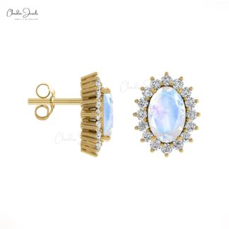6x4mm Rainbow Moonstone Stud Earrings With Prong Set Diamond Halo