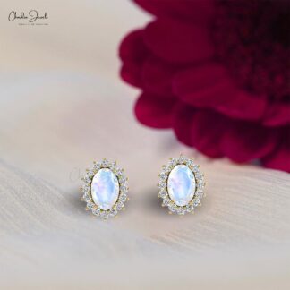 6x4mm Rainbow Moonstone Stud Earrings With Prong Set Diamond Halo