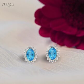 6x4mm Oval Swiss Blue Topaz Stud Earring with Diamond Halo