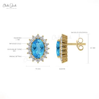 6x4mm Oval Swiss Blue Topaz Stud Earring with Diamond Halo