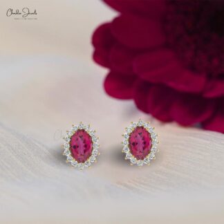 AAA Pink Tourmaline Diamond Earrings 14k Solid Gold White Diamond Earrings For Anniversary Gift