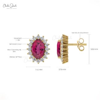 AAA Pink Tourmaline Diamond Earrings 14k Solid Gold White Diamond Earrings For Anniversary Gift