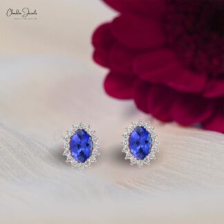 Natural Tanzanite Halo Earrings 6x4mm Oval Cut Gemstone Hallmarked Studs 14k Real Gold Diamond Vintage Summer Jewelry
