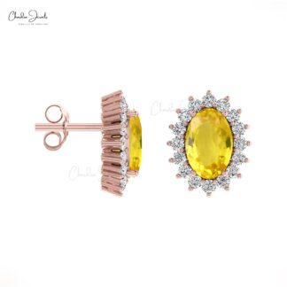 Real 14k Gold Genuine Yellow Sapphire Earrings 1.16 Ct Oval Gemstone Halo Diamond Earrings Handmade Personalized Gift For Women