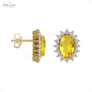 Real 14k Gold Genuine Yellow Sapphire Earrings 1.16 Ct Oval Gemstone Halo Diamond Earrings Handmade Personalized Gift For Women