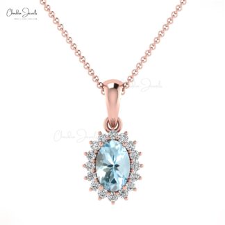 Dainty Diamond Halo Pendant With 6x4mm Aquamarine 14k Real Gold Dangle Necklace
