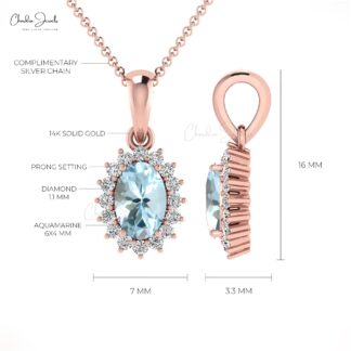Dainty Diamond Halo Pendant With 6x4mm Aquamarine 14k Real Gold Dangle Necklace