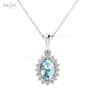 Dainty Diamond Halo Pendant With 6x4mm Aquamarine 14k Real Gold Dangle Necklace