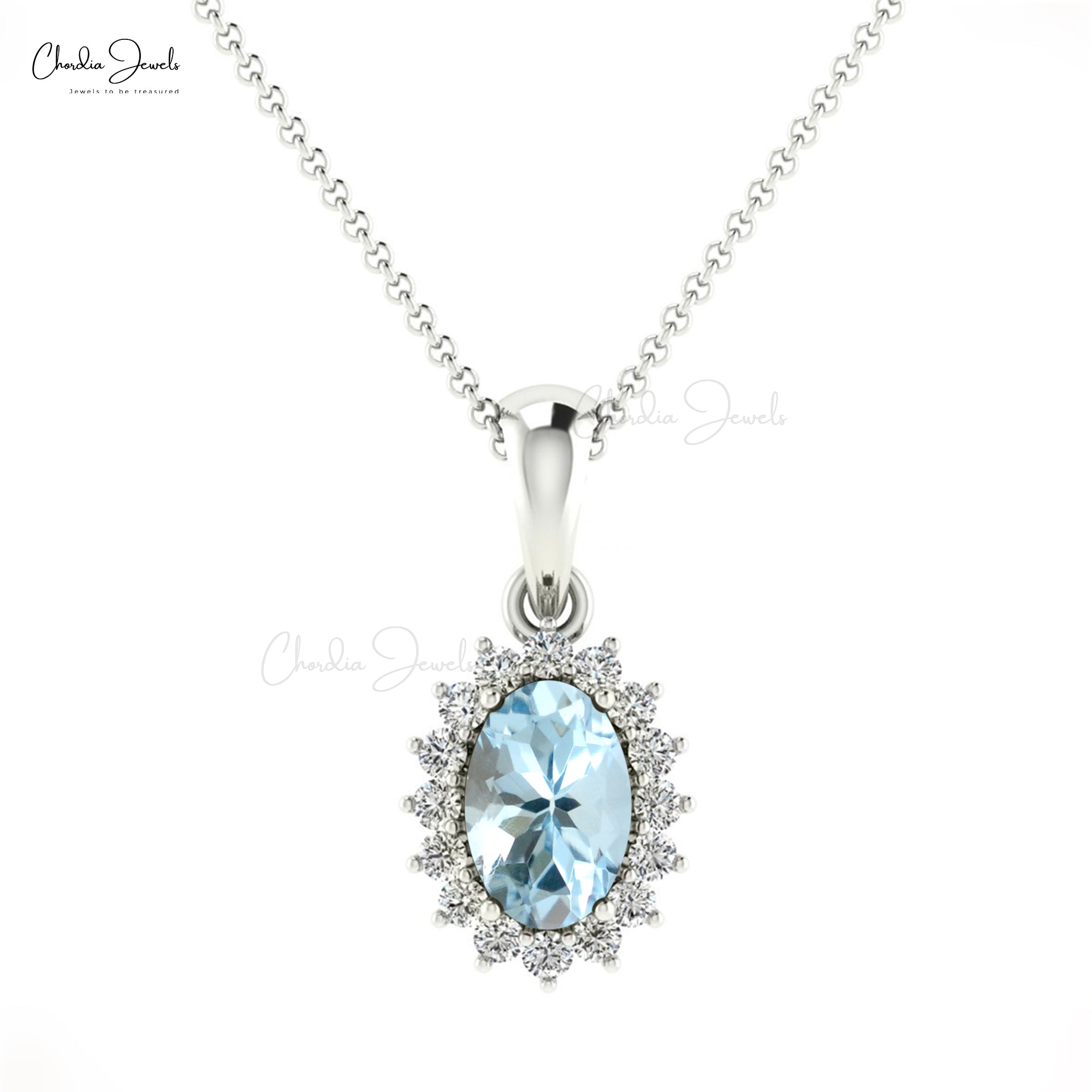 Dainty Diamond Halo Pendant With 6x4mm Aquamarine 14k Real Gold Dangle Necklace