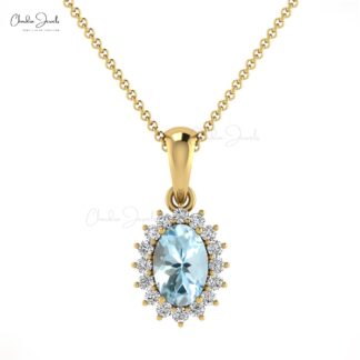 Dainty Diamond Halo Pendant With 6x4mm Aquamarine 14k Real Gold Dangle Necklace