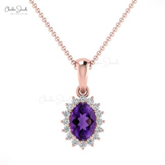 Real 14k Gold Halo Pendant with 0.44 Ct Amethyst And Diamond Minimalist Necklace
