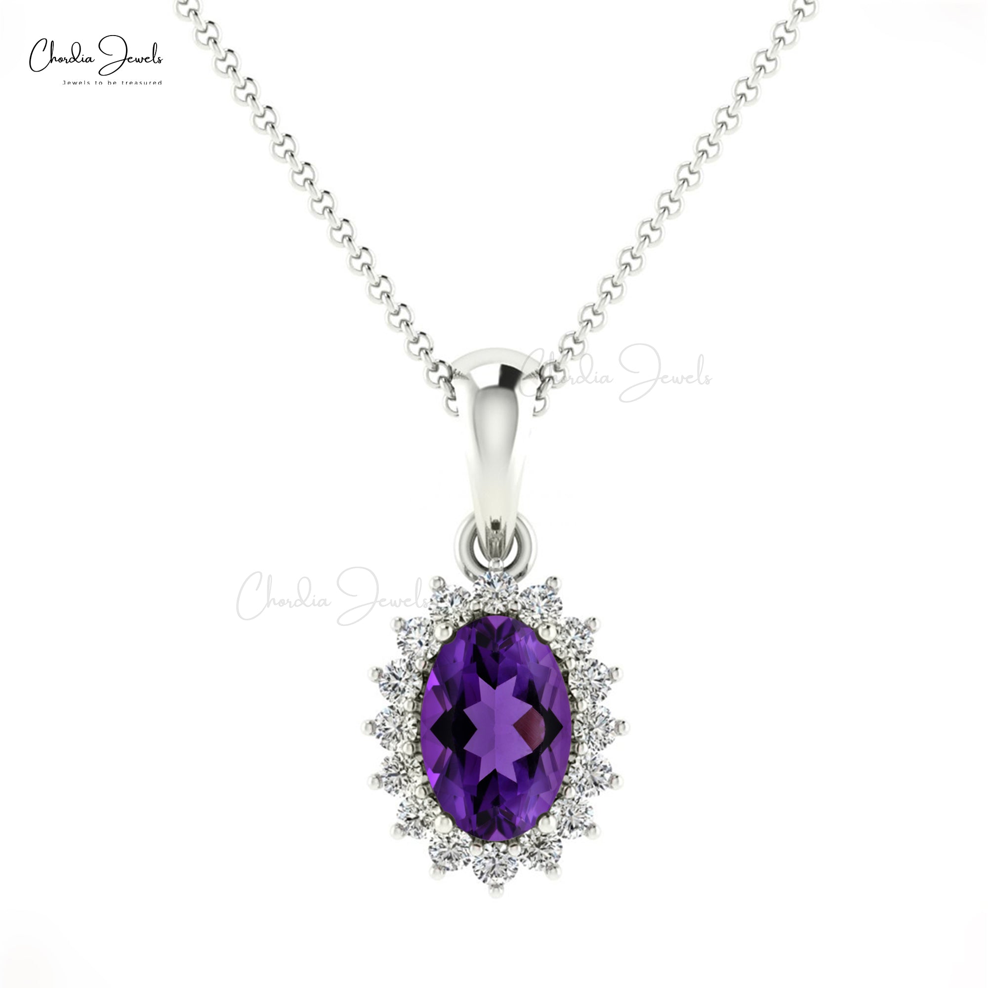 Real 14k Gold Halo Pendant with 0.44 Ct Amethyst And Diamond Minimalist Necklace