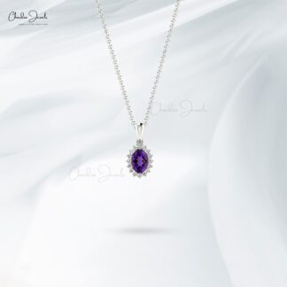 Real 14k Gold Halo Pendant with 0.44 Ct Amethyst And Diamond Minimalist Necklace