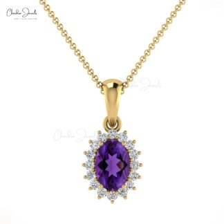 Real 14k Gold Halo Pendant with 0.44 Ct Amethyst And Diamond Minimalist Necklace
