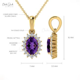 Real 14k Gold Halo Pendant with 0.44 Ct Amethyst And Diamond Minimalist Necklace