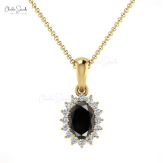 Elegant Black Diamond Dainty Halo Pendant 6x4mm Oval Cut Prong Set Bridal Pendant Genuine 14k Real Gold Hallmarked Jewelry For Gift