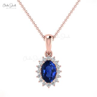Oval Cut Dangle Pendant With 0.58 Ct Blue Sapphire Diamond Halo Pendant in 14k Solid Gold