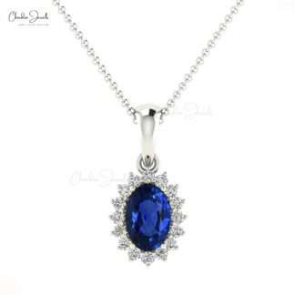 Oval Cut Dangle Pendant With 0.58 Ct Blue Sapphire Diamond Halo Pendant in 14k Solid Gold