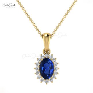 Oval Cut Dangle Pendant With 0.58 Ct Blue Sapphire Diamond Halo Pendant in 14k Solid Gold