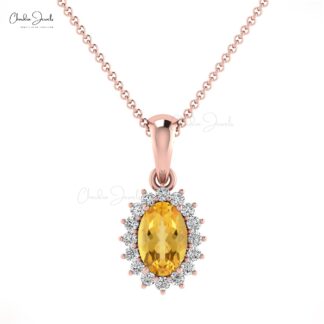 Oval Gemstone Dangle Charm in 14k Real Gold Citrine And Diamond Halo Pendant For Her