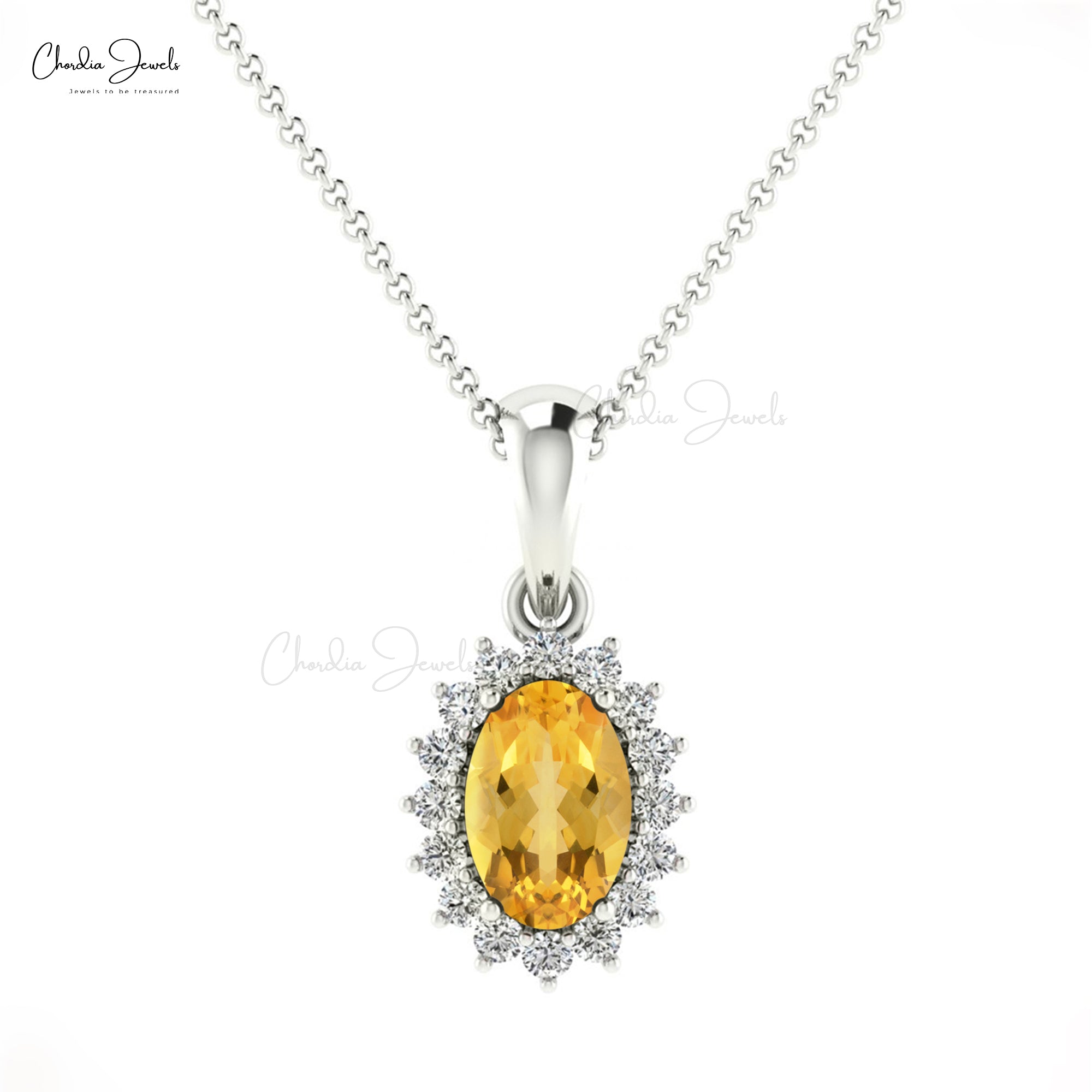 Oval Gemstone Dangle Charm in 14k Real Gold Citrine And Diamond Halo Pendant For Her